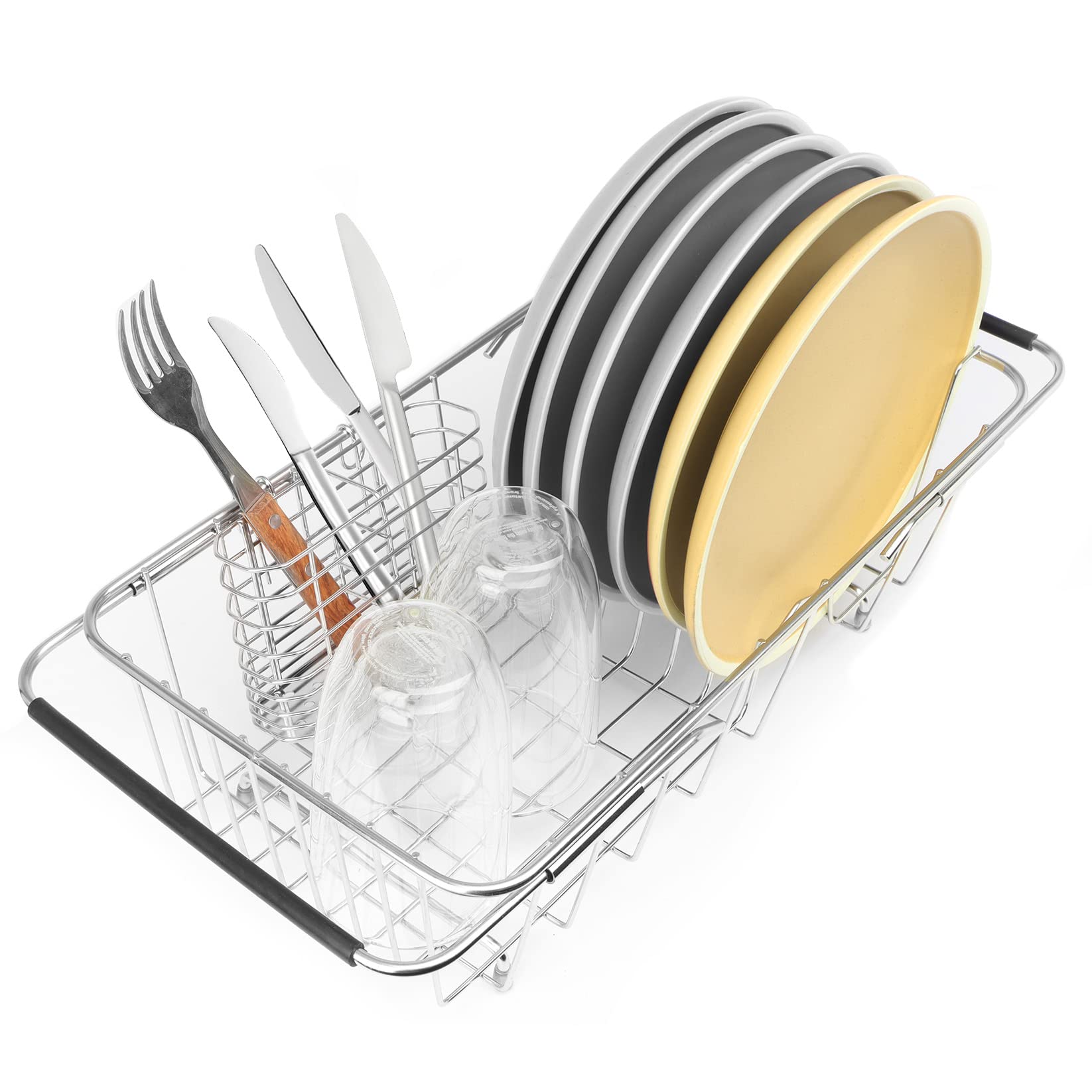 BTLATHA extendable sink dish drainer shows rust-resistant 304 stainless steel.