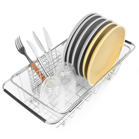 BTLATHA extendable sink dish drainer shows rust-resistant 304 stainless steel.