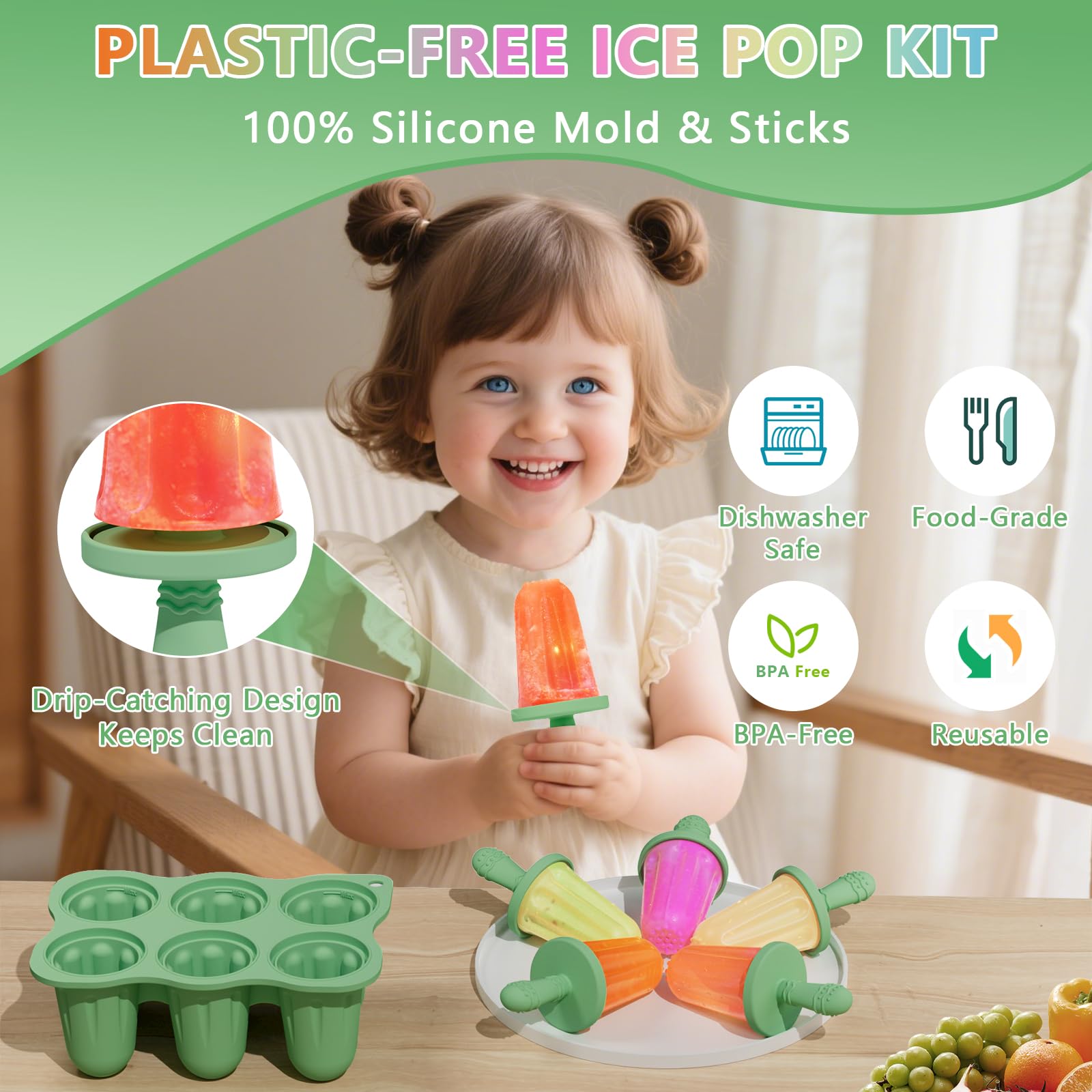 BTRFE green silicone popsicle molds closeup highlighting flexible material and safety features.