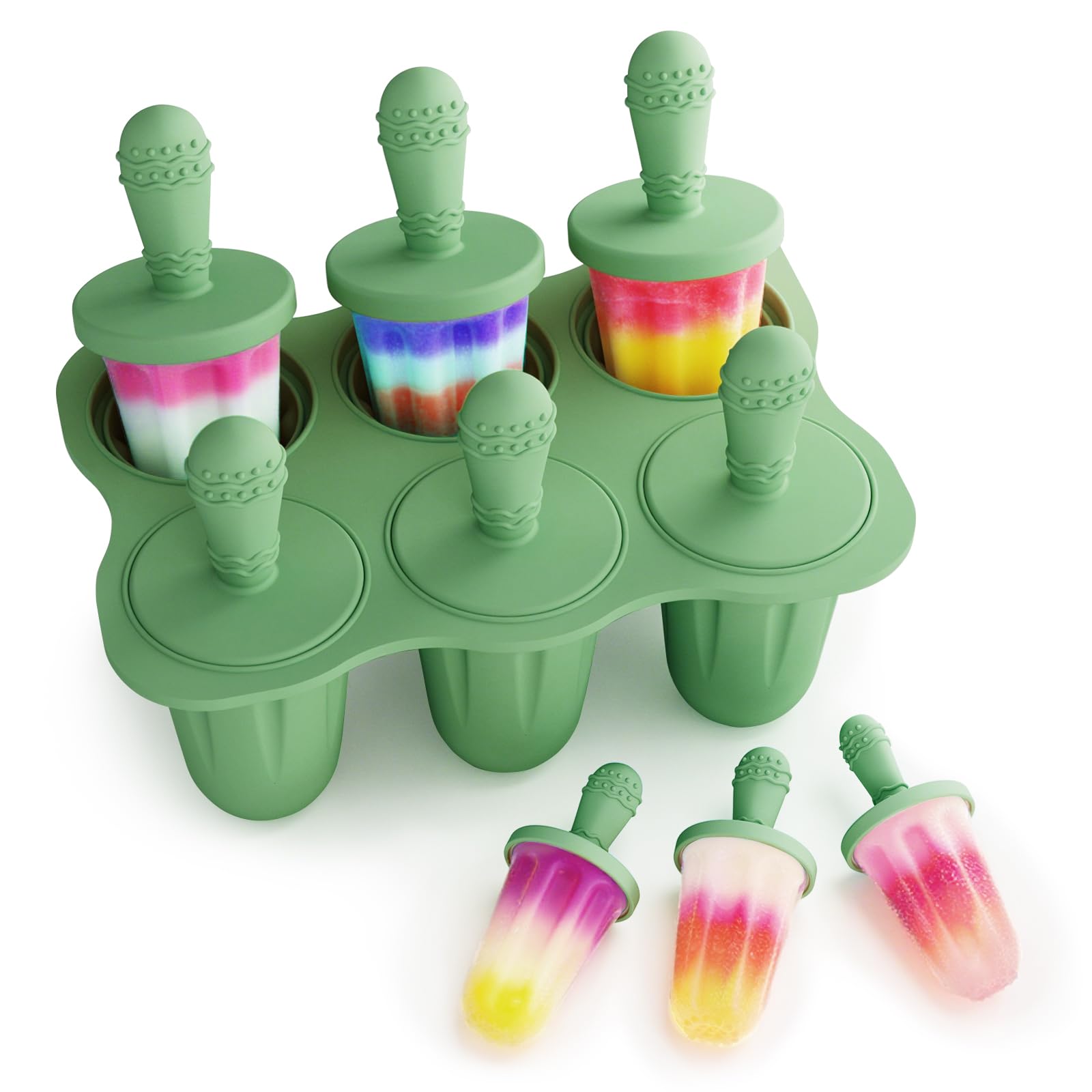 BTRFE silicone popsicle molds six cavities set in bright green, ideal for kid-friendly healthy snacks.