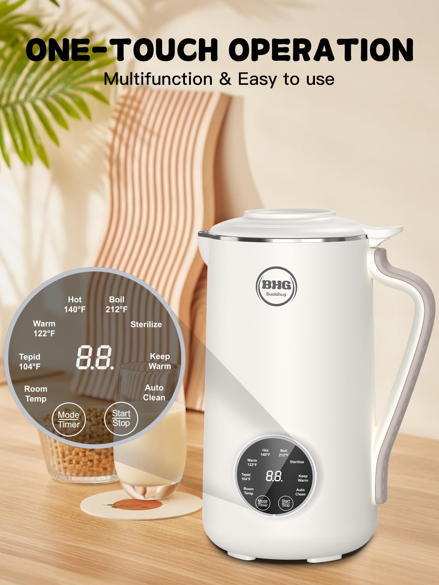 BUAIAHUG 8-in-1 function display shows versatile settings for oat, almond, soy milks