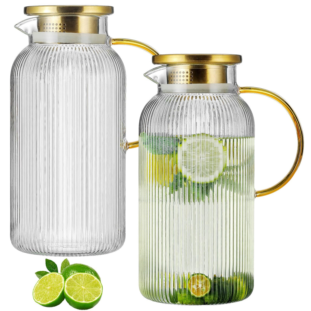 Buaic glass pitcher with yellow handle pouring iced tea and lemonade