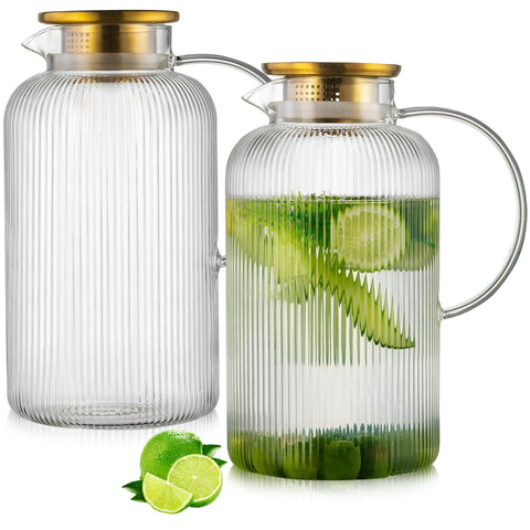 Buaic glass pitcher with lid, showing a secure stainless steel cap for leak-free pouring.