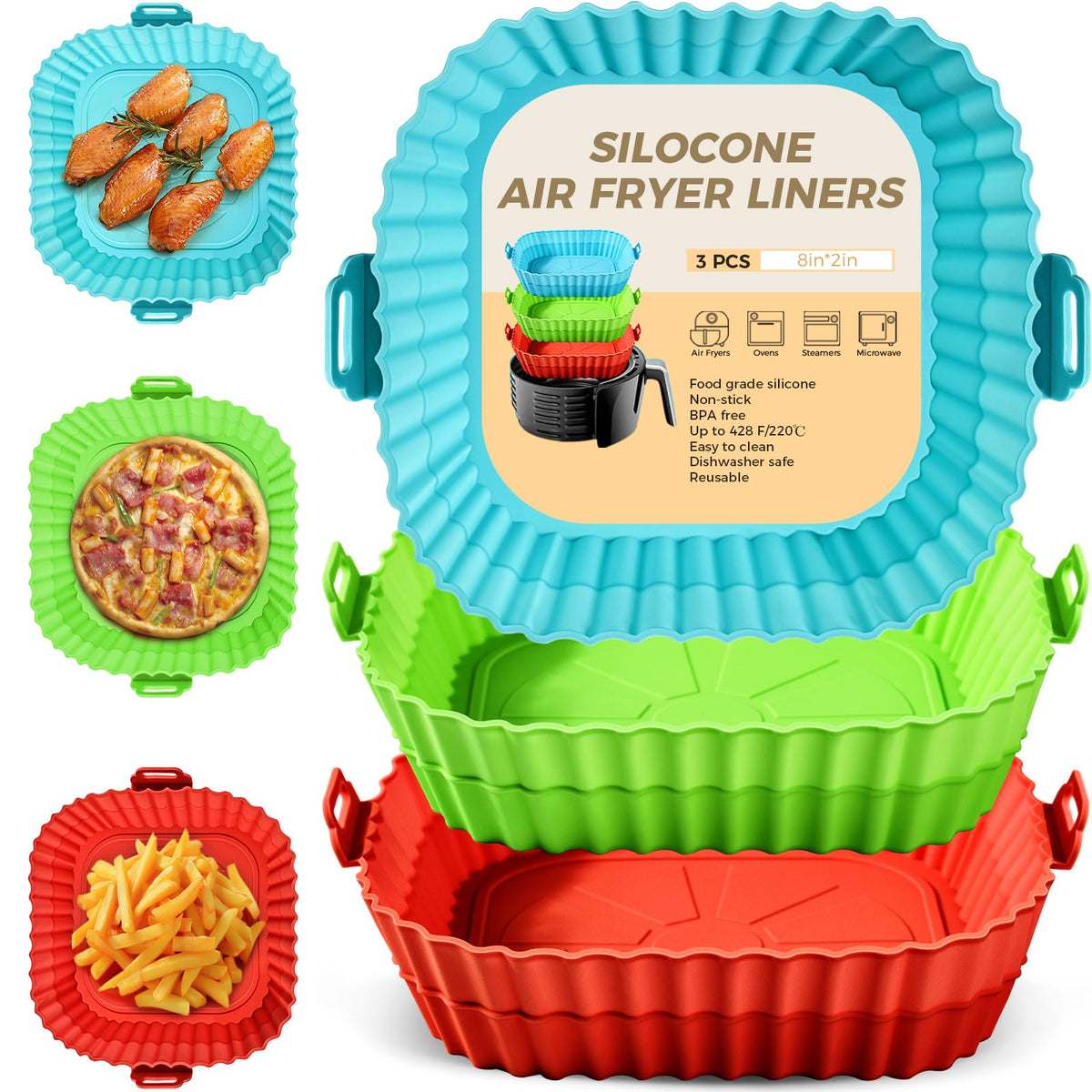 Buauty 3 Pack 8-Inch silicone liners shown in a basket for reuse and heat resistance benefits