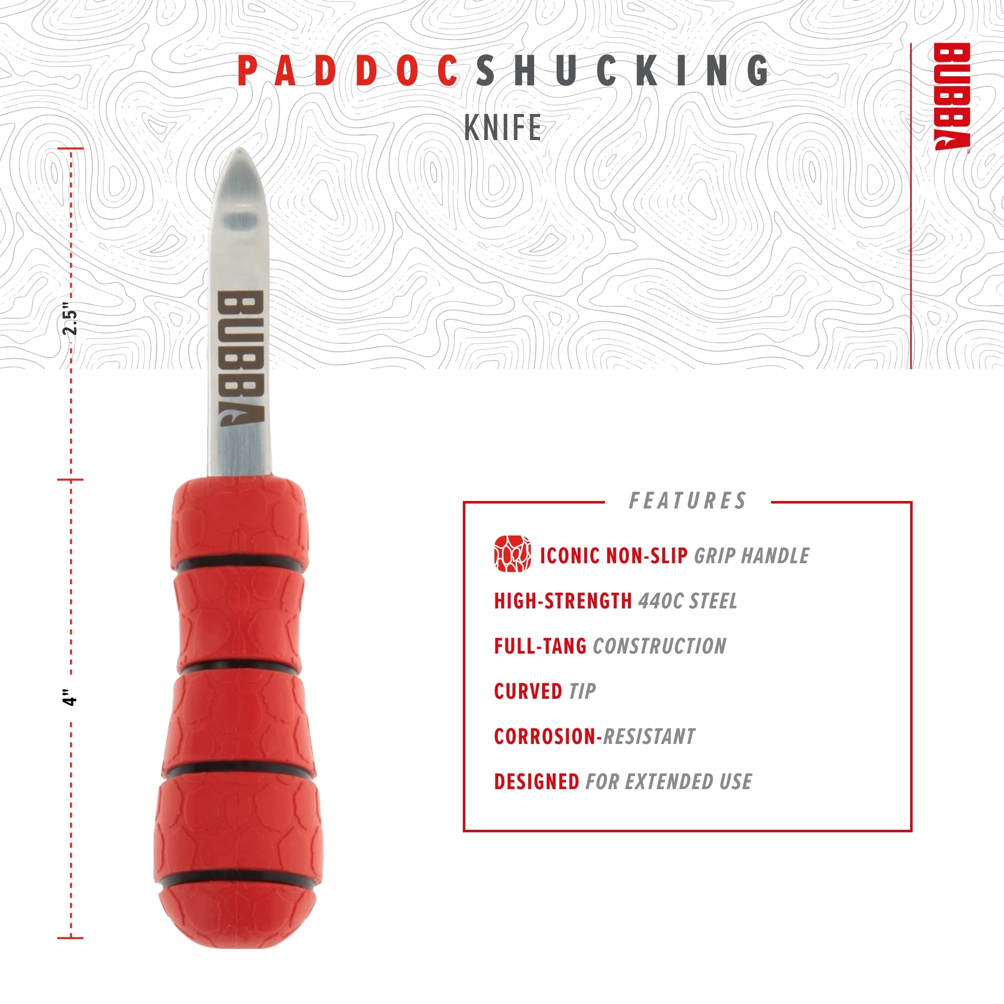 BUBBA shucking knife features 440C stainless steel blade for durability and edge retention.