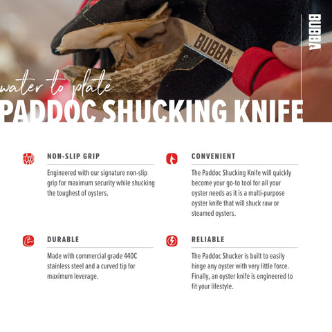 Ergonomic BUBBA handle design improves comfort during extended shucking sessions.