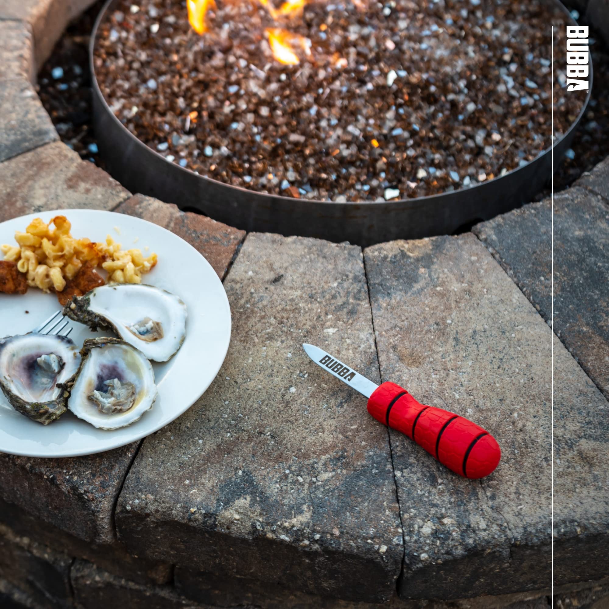 BUBBA shucking knife with non-slip handle for secure grip even when wet.