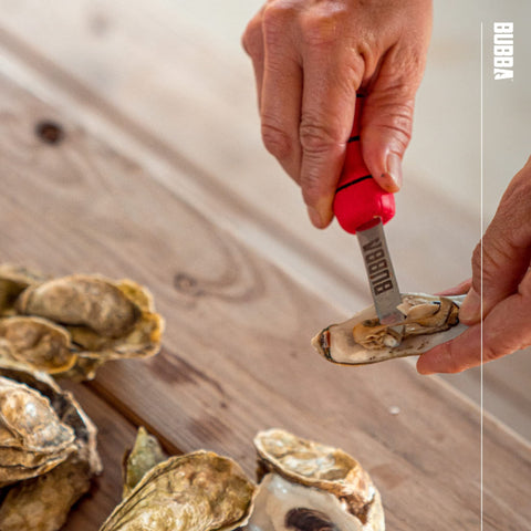 BUBBA oyster knife in action showing curved tip for saving effort.