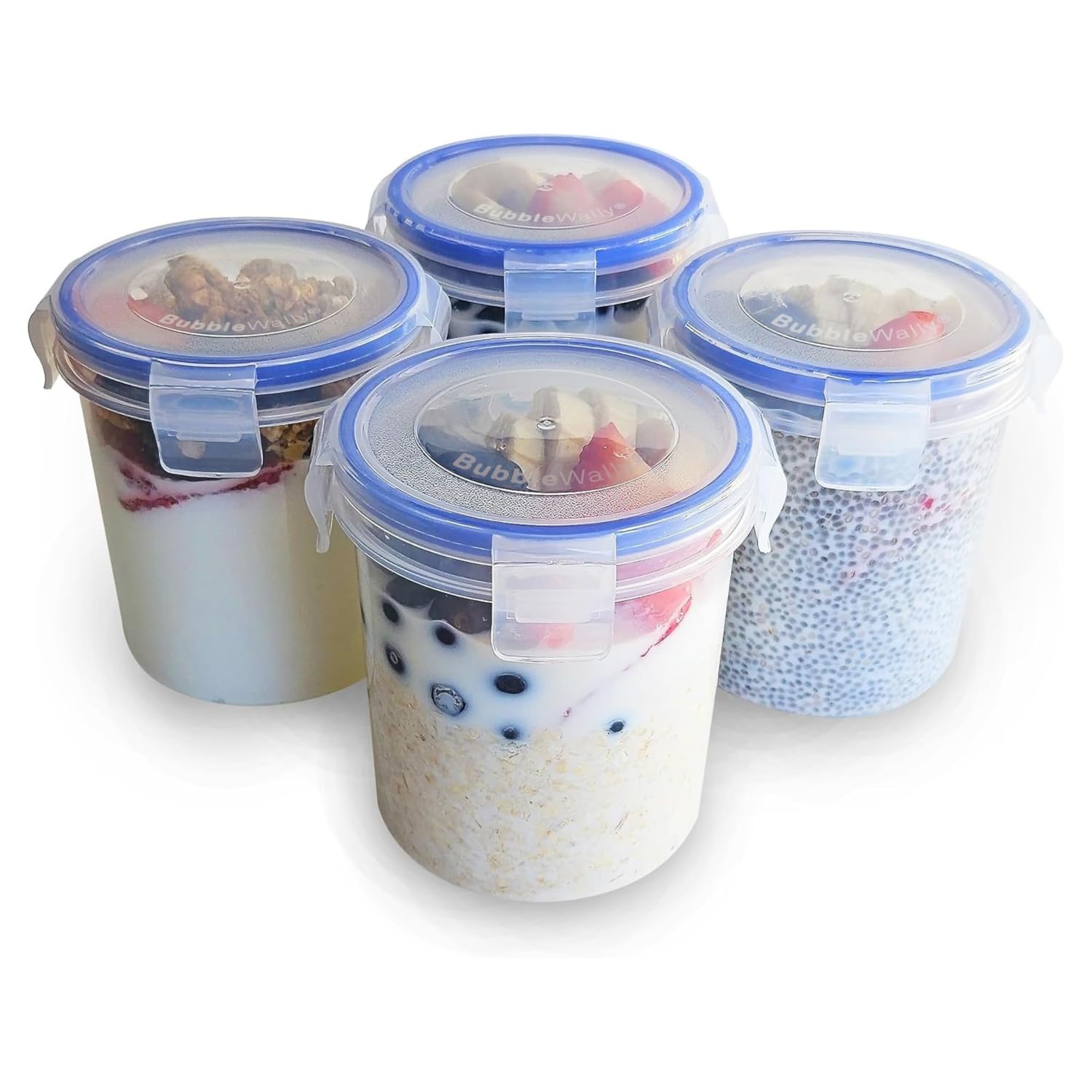 BubbleWally Overnight Oats Container 4-piece set with airtight lids for on-the-go meals