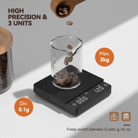 Bucanim durable black coffee scale with non-slip base ensures stable weighing