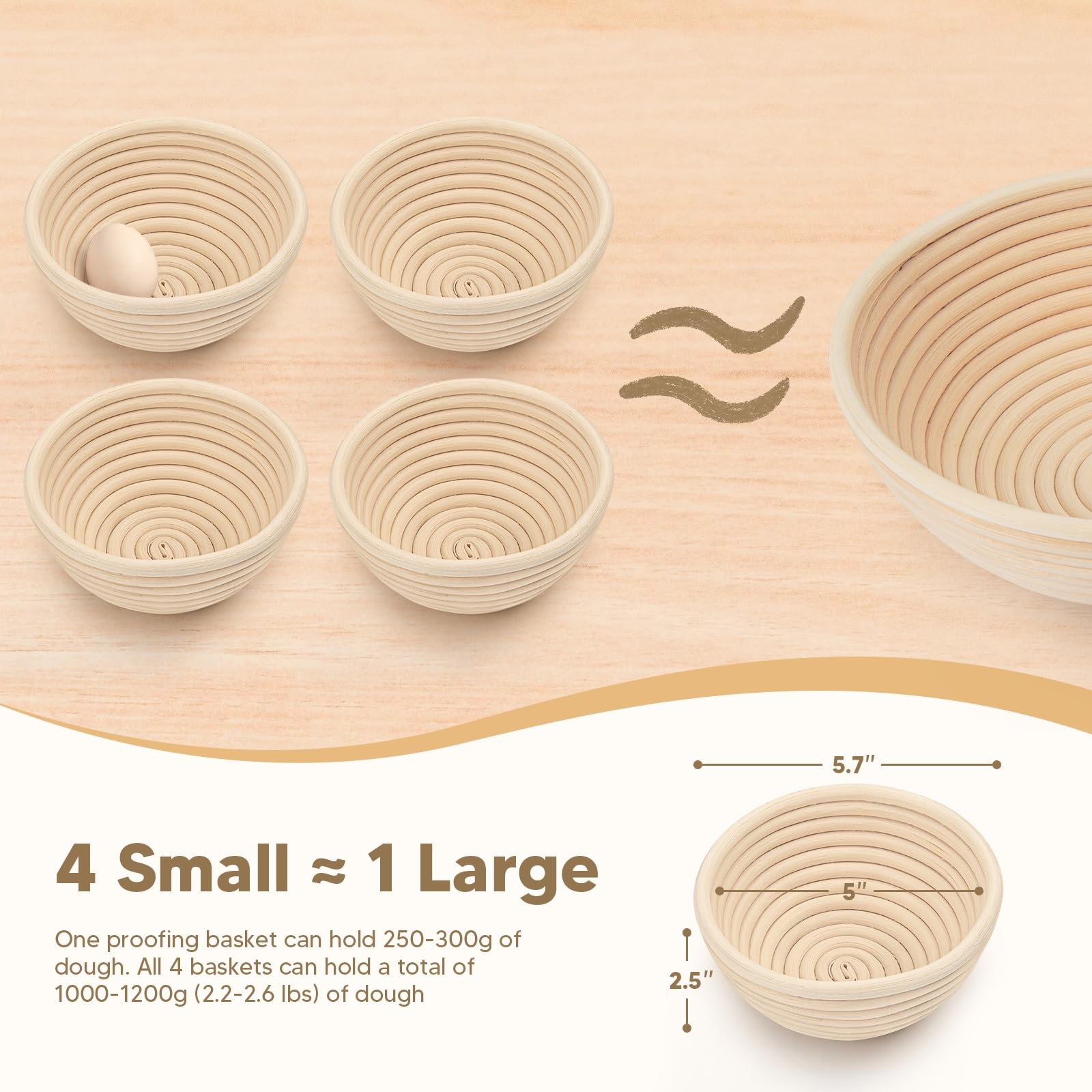 Bucciaratti mini banneton basket 4-set flat lay demonstrates versatile proofing options for flavors.