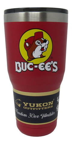Buc-ee's red stainless steel tumbler with Bucky keeps drinks cold or hot on the go