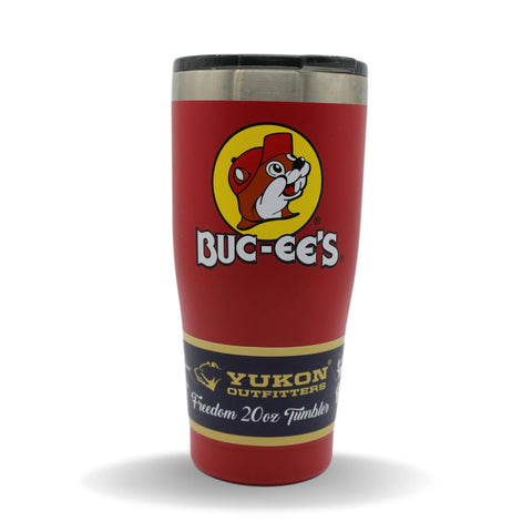 Buc-ee's red tumbler featuring Bucky the Beaver for daily hydration and temperature control.