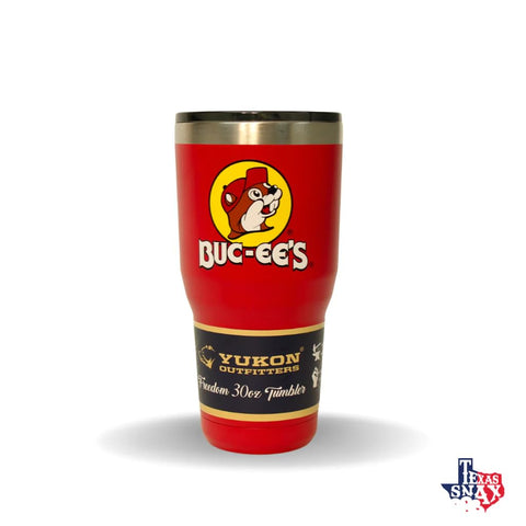 Buc-ee's red tumbler splash-proof lid reduces spills during travel.