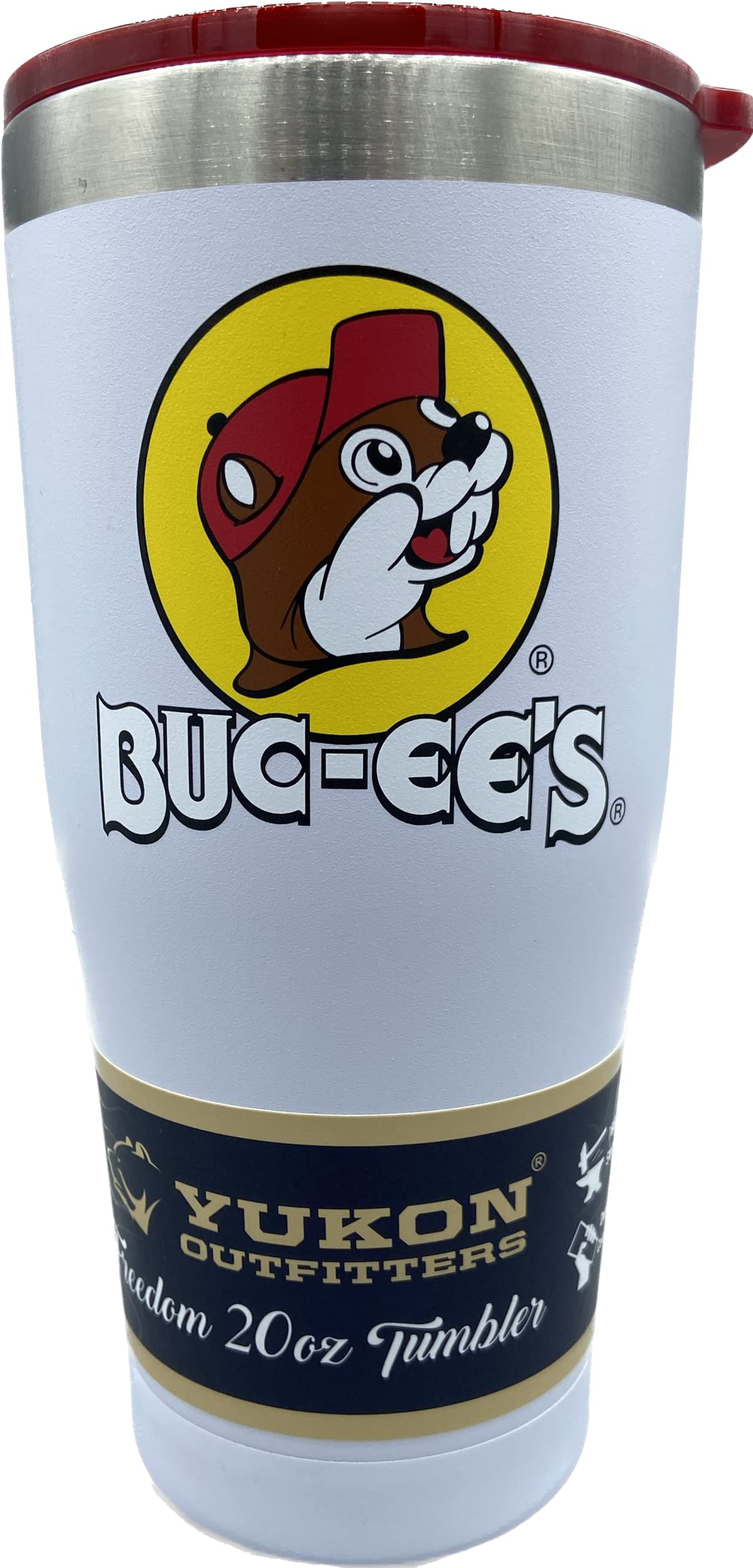 Buc-ee's white stainless tumbler front view with color logo, ideal for daily use.