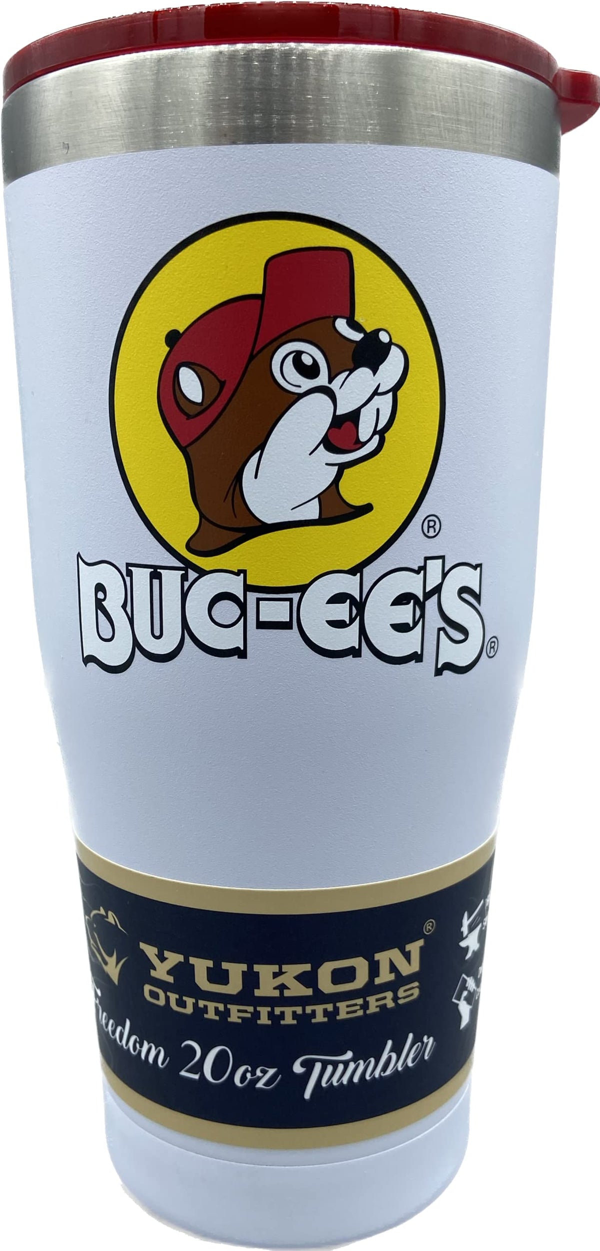 Buc-ee's white stainless tumbler front view with color logo, ideal for daily use.