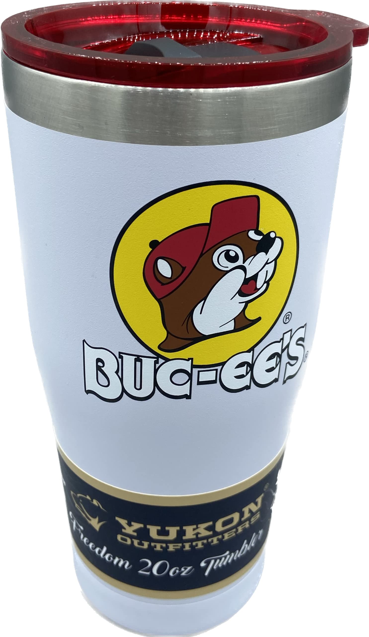 Buc-ee's logo close-up on white tumbler shows Beaver branding.