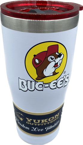 Buc-ee's logo close-up on white tumbler shows Beaver branding.