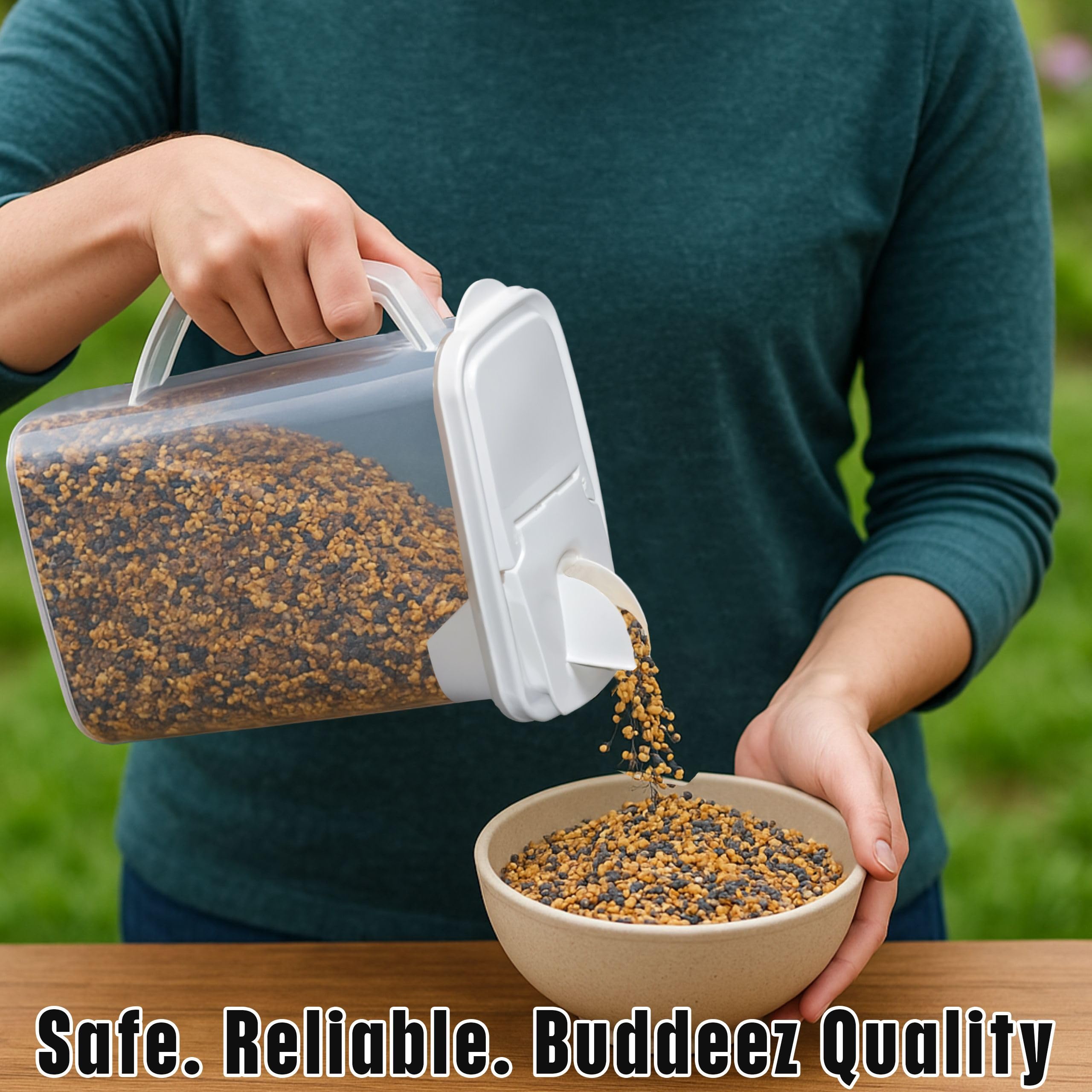 Buddeez 3.5qt seed dispenser with pour spout and flip lid for easy refilling