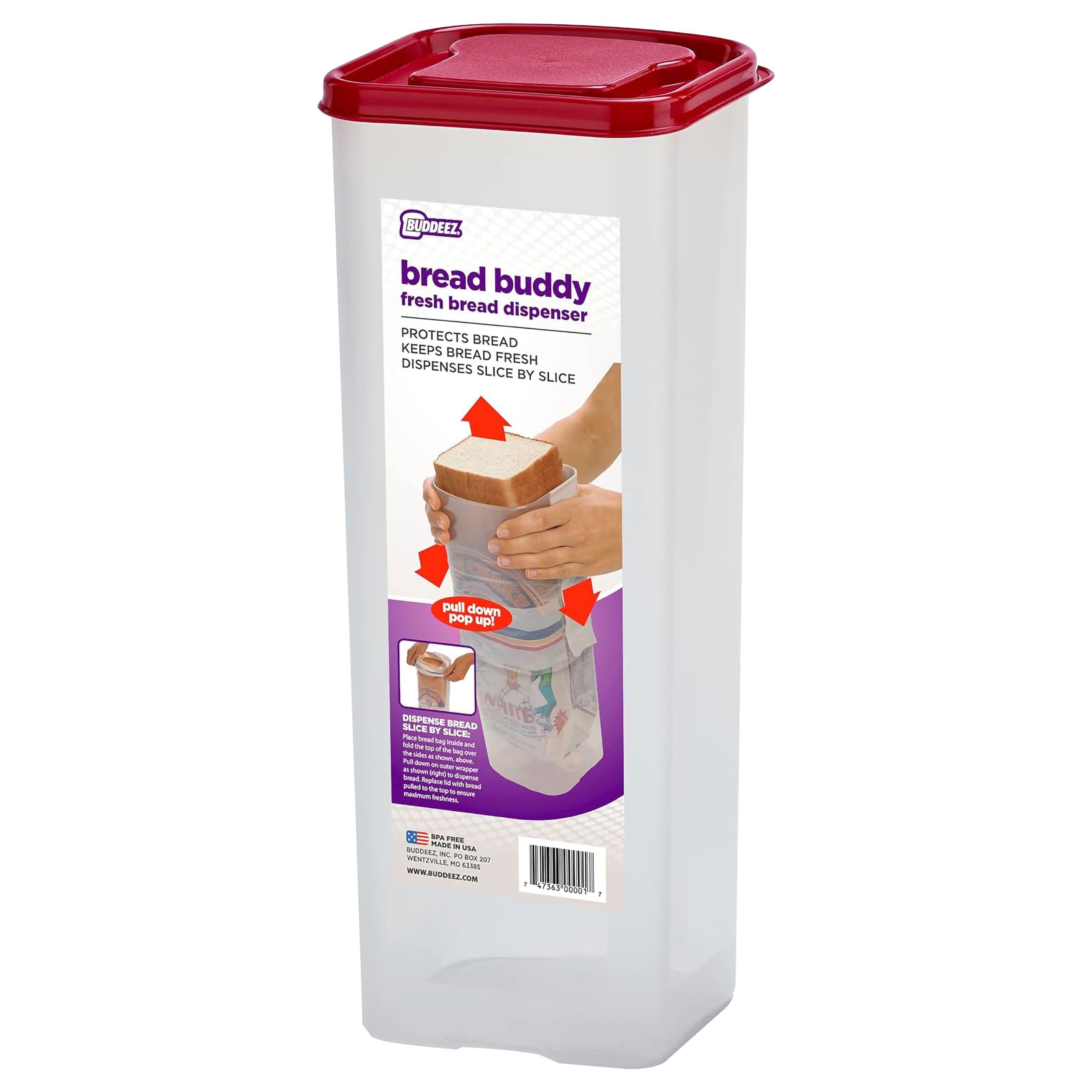 Buddeez Bread Buddy bread box keeps loaves fresh by storing in original bags.