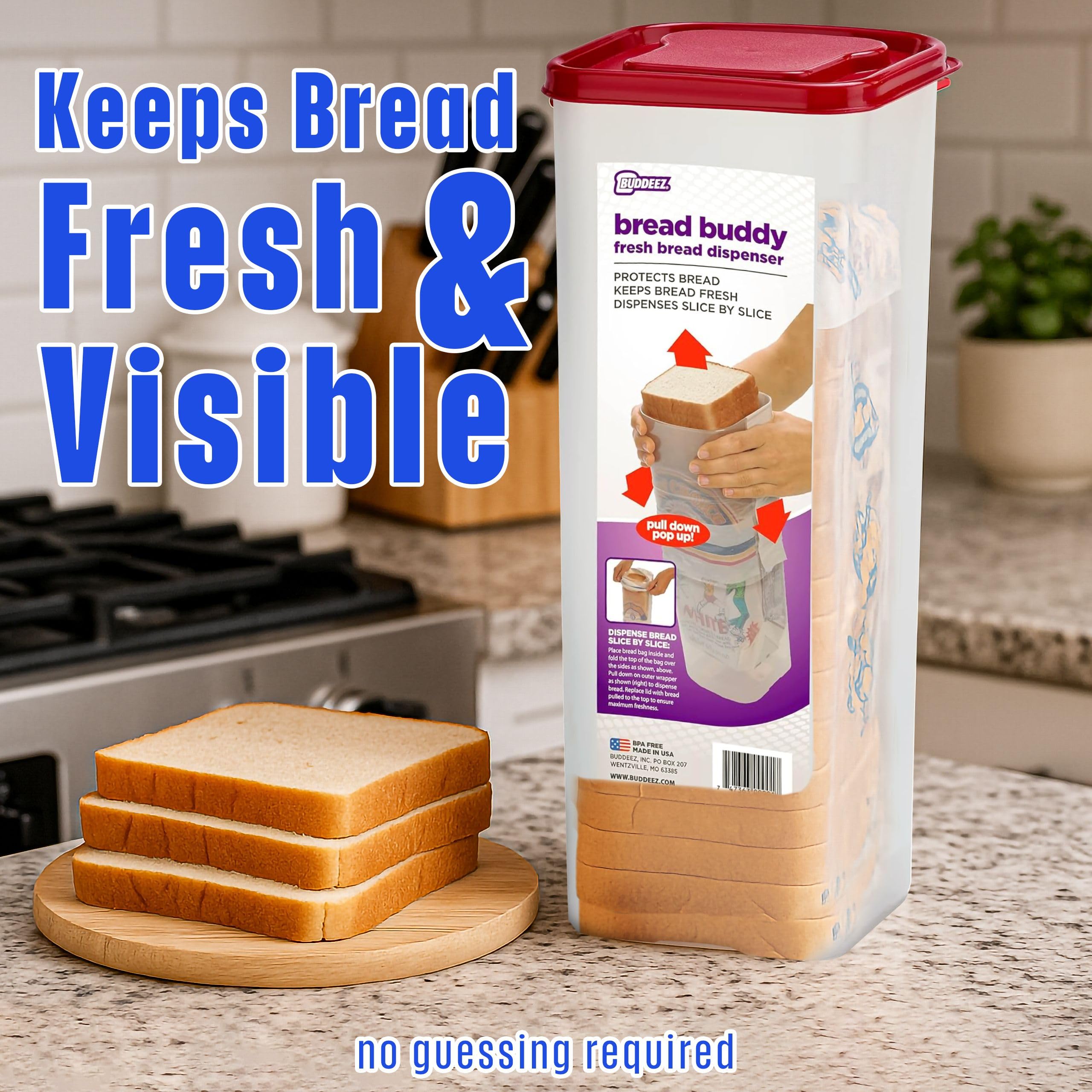 Buddeez Bread Buddy clear view box shows bread type and info at a glance.
