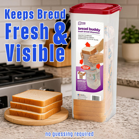 Buddeez Bread Buddy clear view box shows bread type and info at a glance.