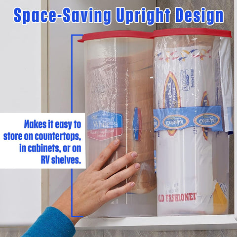 Buddeez Bread Buddy with red lid is compact for kitchen counters.