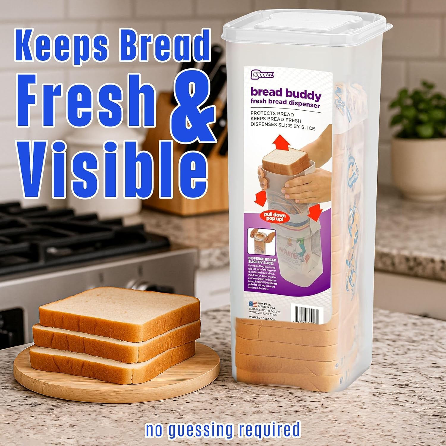 Buddeez Bread Buddy slice-by-slice dispensing design enables easy serving without unbagging.