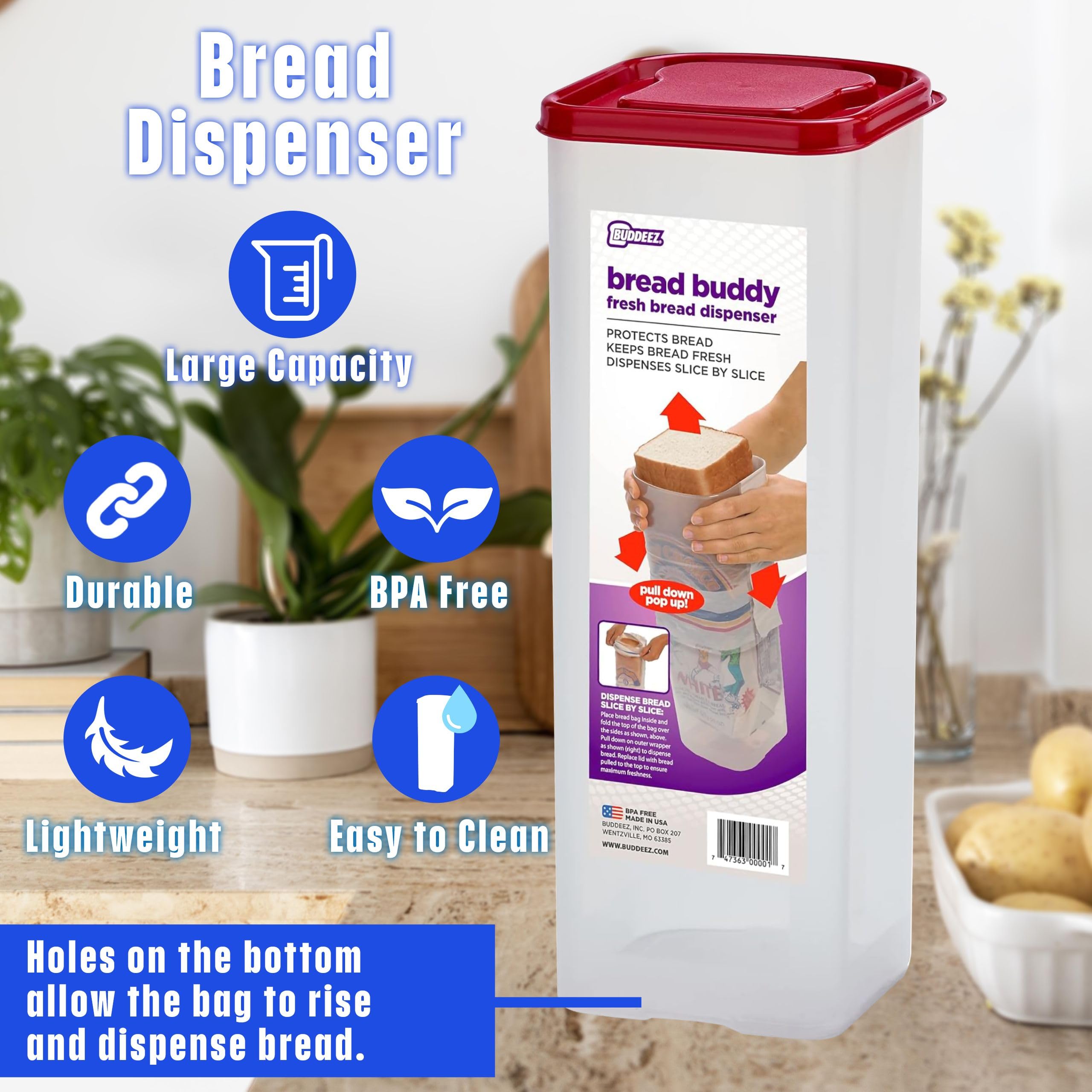 Buddeez Bread Buddy slice-by-slice dispensing helps portion control.