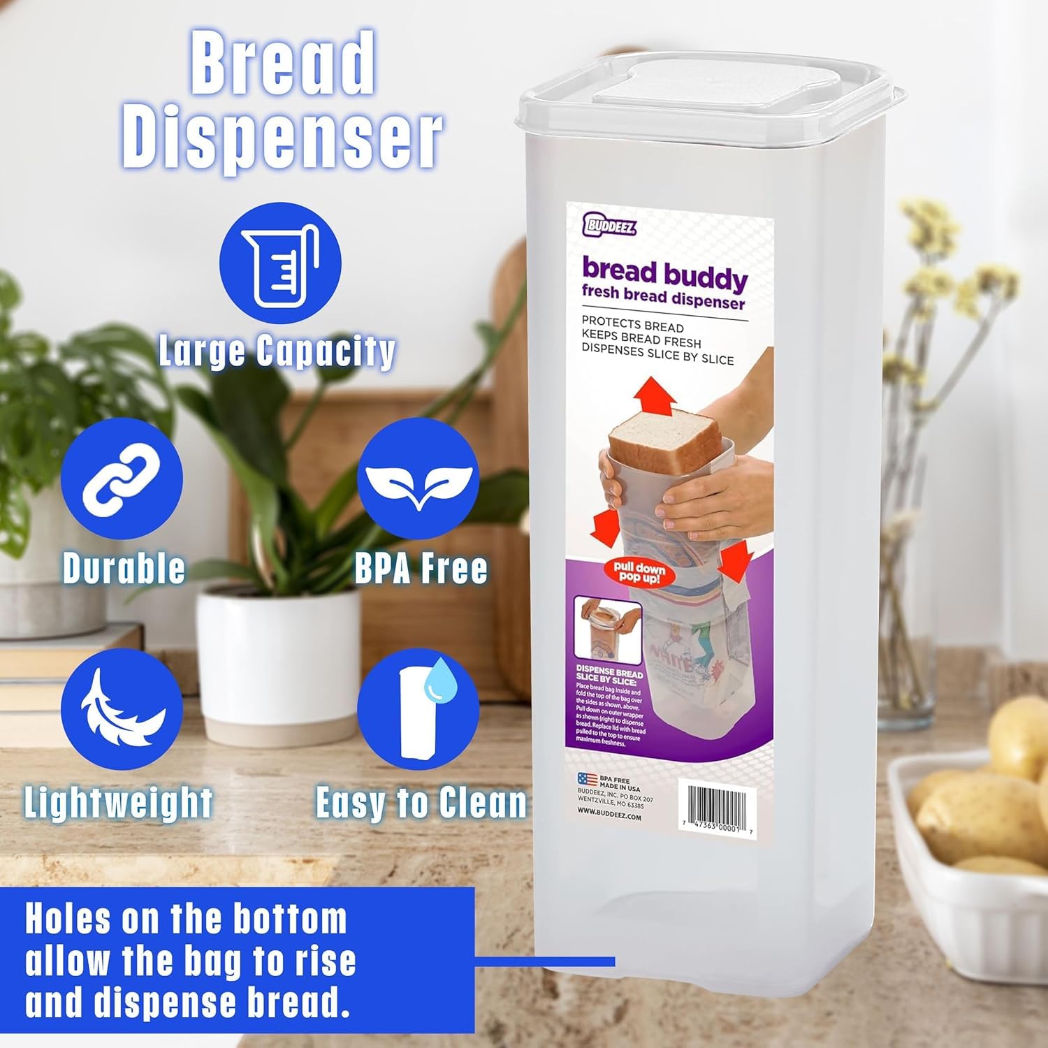 Buddeez Bread Buddy slim upright profile fits compact kitchens and small pantries.