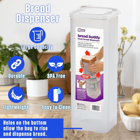 Buddeez Bread Buddy slim upright profile fits compact kitchens and small pantries.