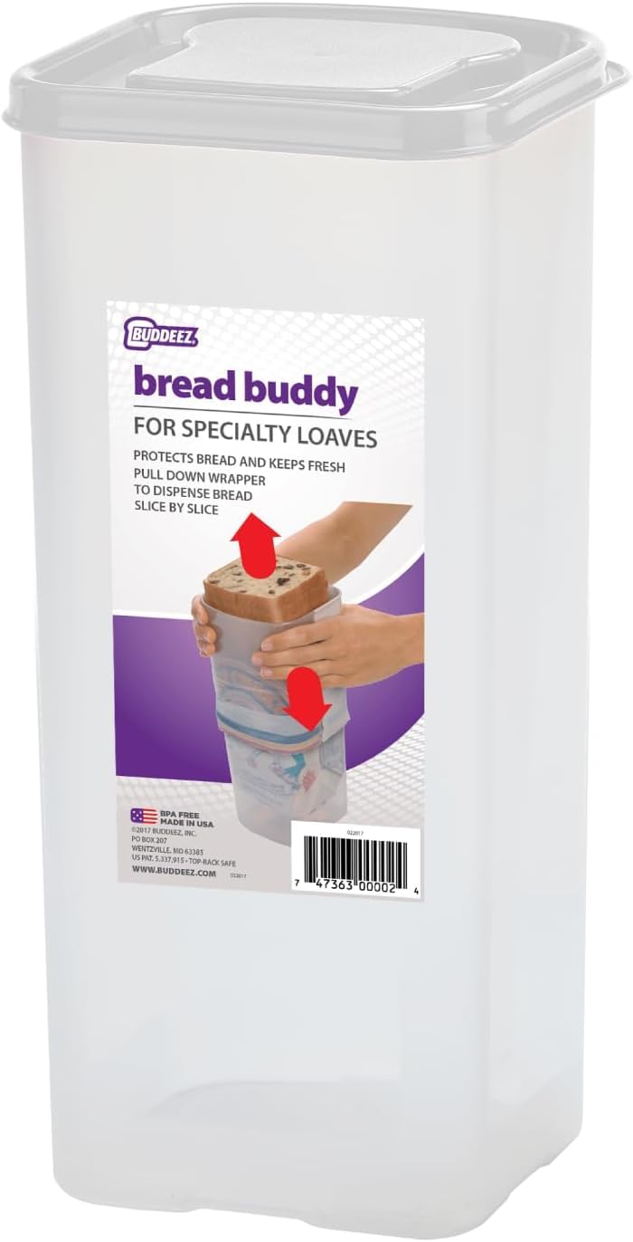 Buddeez Bread Buddy vertical design keeps countertops organized and bread accessible.
