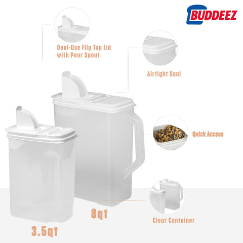 Buddeez stackable bins save space and organize multiple pet foods