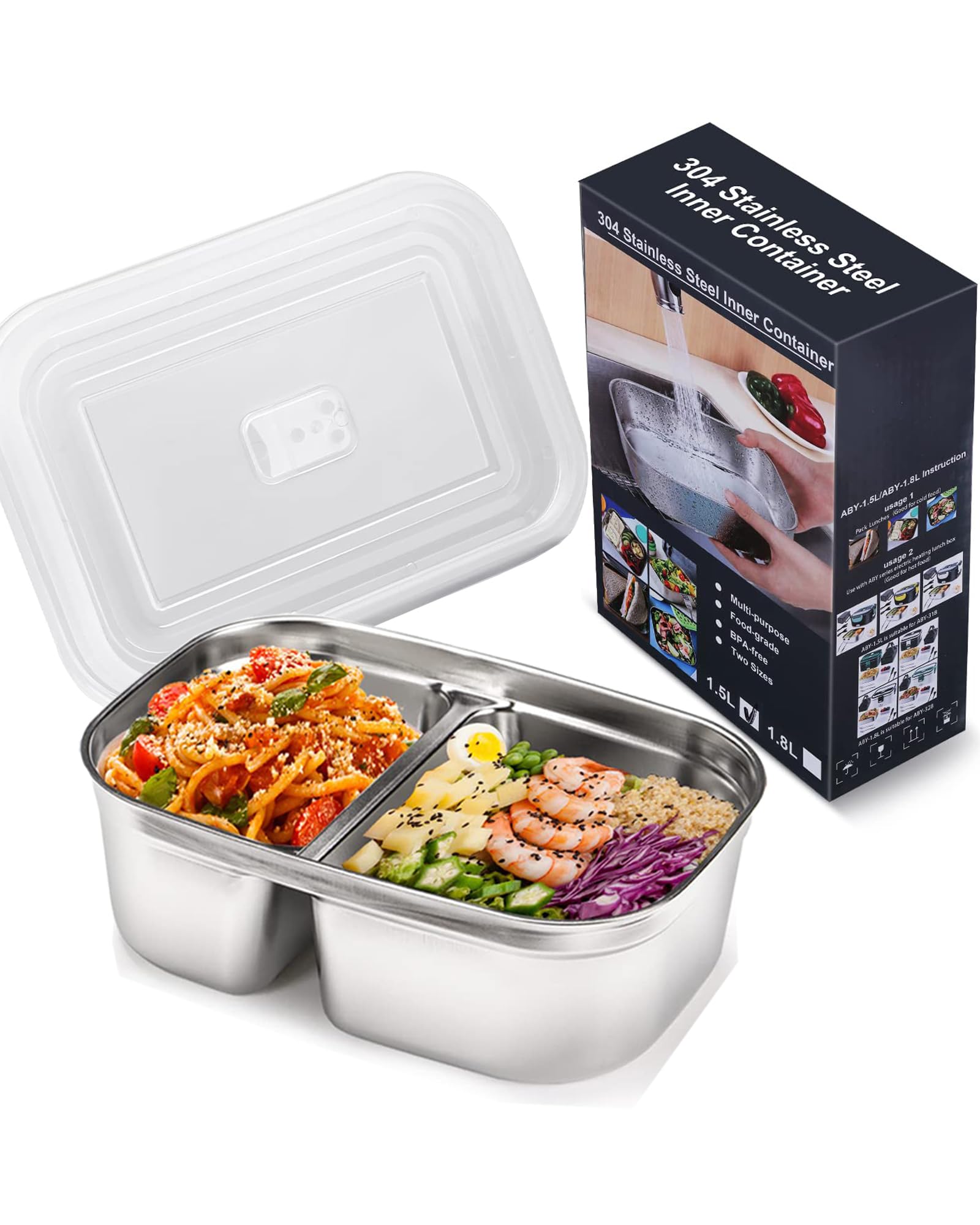 Buddew 1.5L inner container with two compartments keeps meals separate.