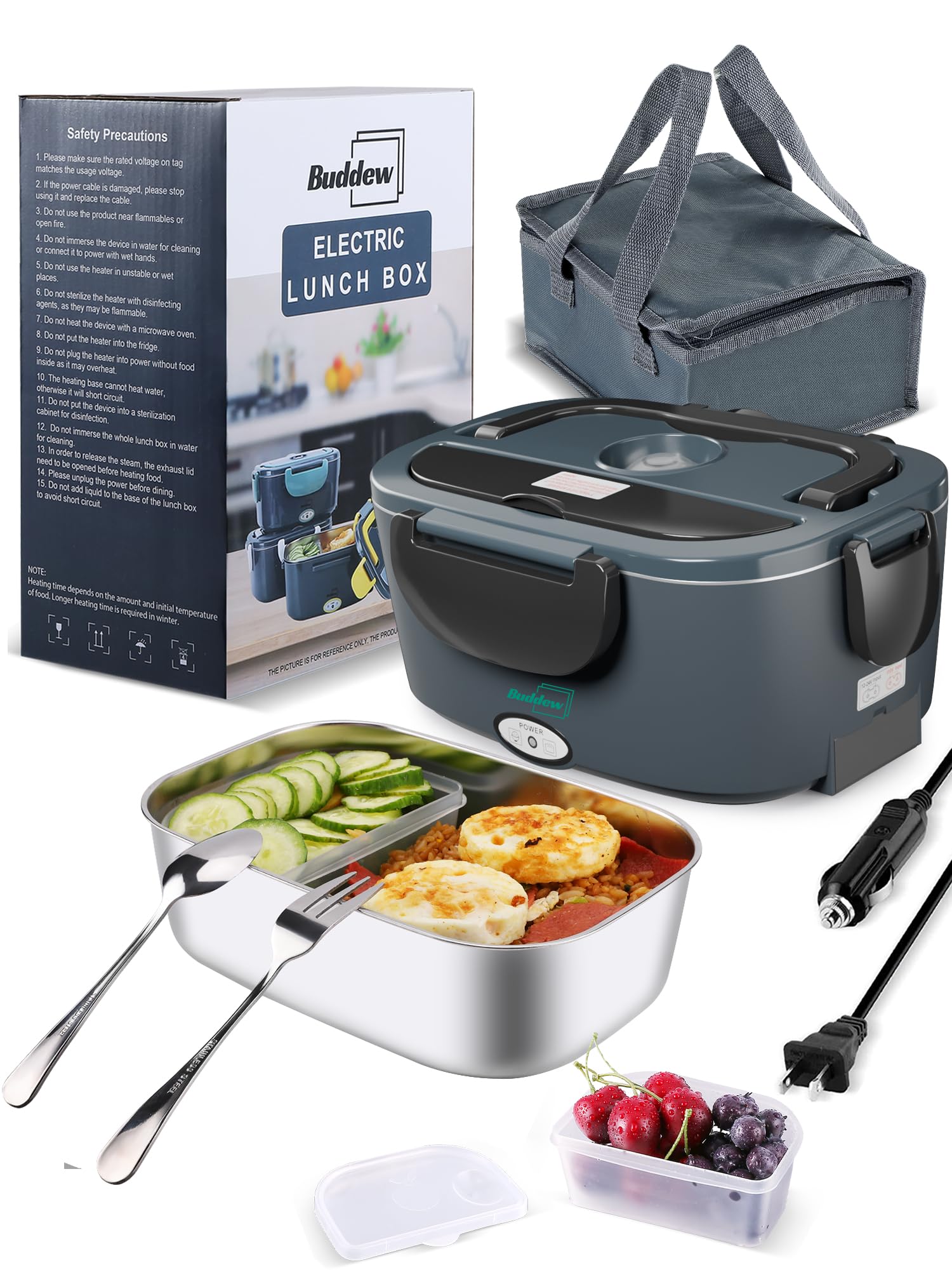 Buddew electric heated lunch box with lid open showing easy access for meals