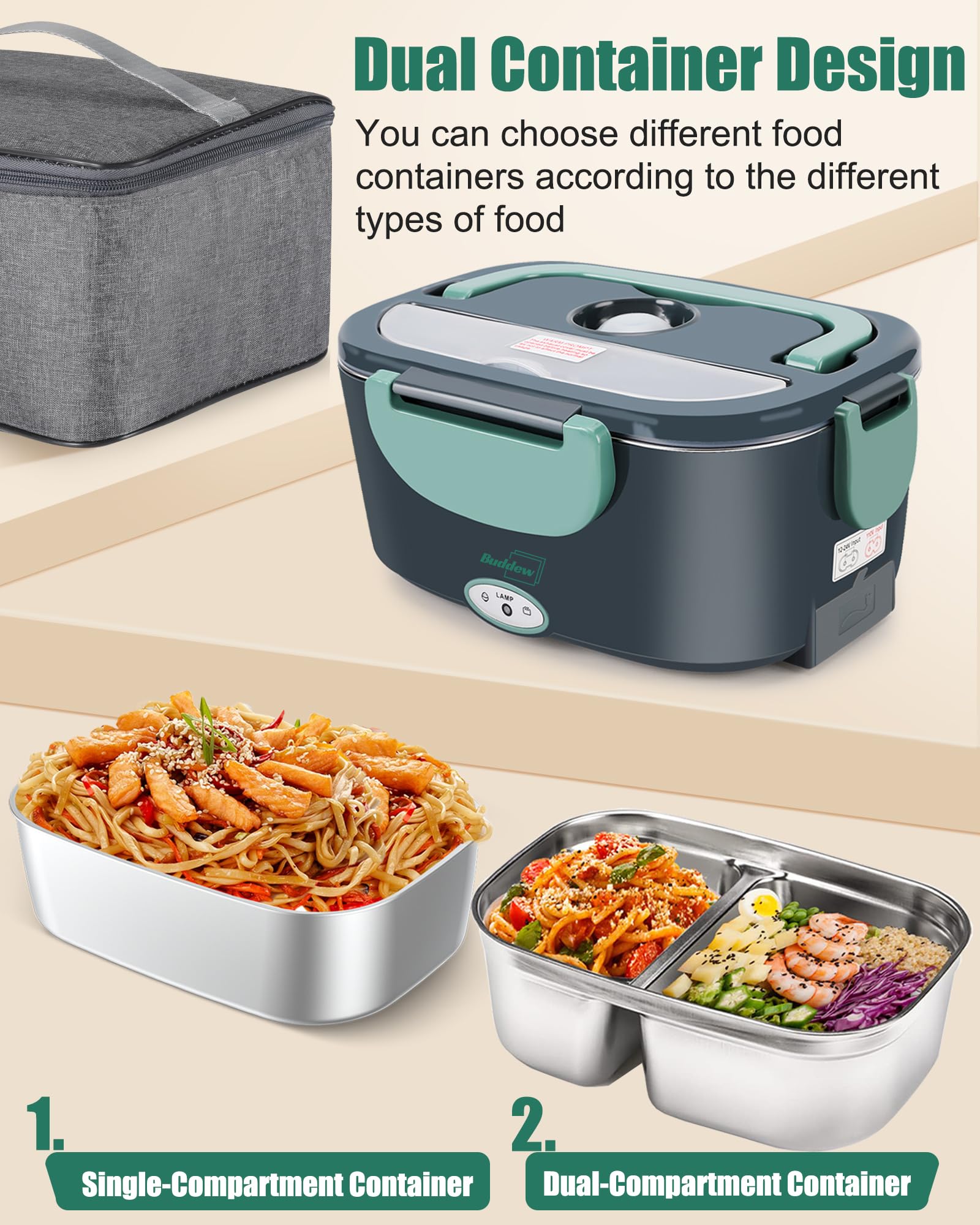 Buddew electric lunch box 110V 12V 24V compatibility for home car and truck use