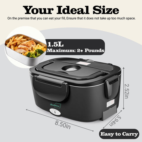 Buddew 1.5L stainless container holding a balanced adult portion