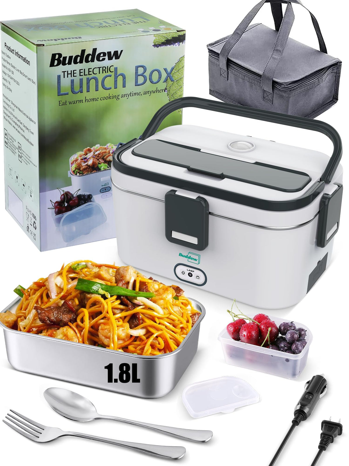Buddew electric lunch box showing 1.8L capacity for larger portions at work