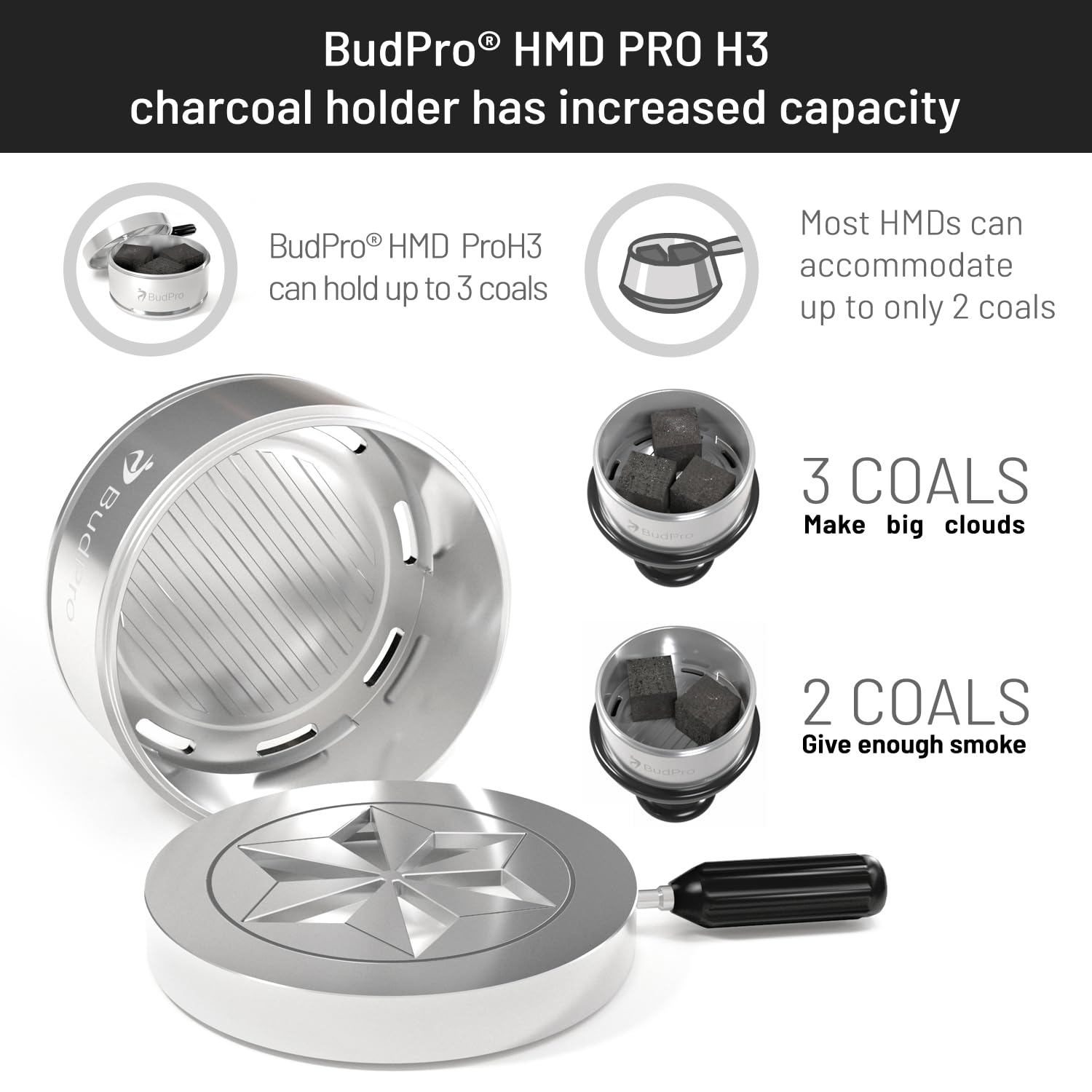 BudPro ProH3 universal bowl fit ensures broad hookah compatibility.
