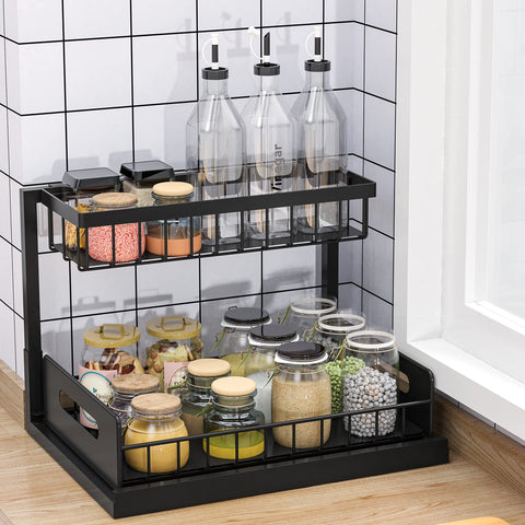 Bukfen kitchen and bathroom storage solution with adjustable left-right rack.