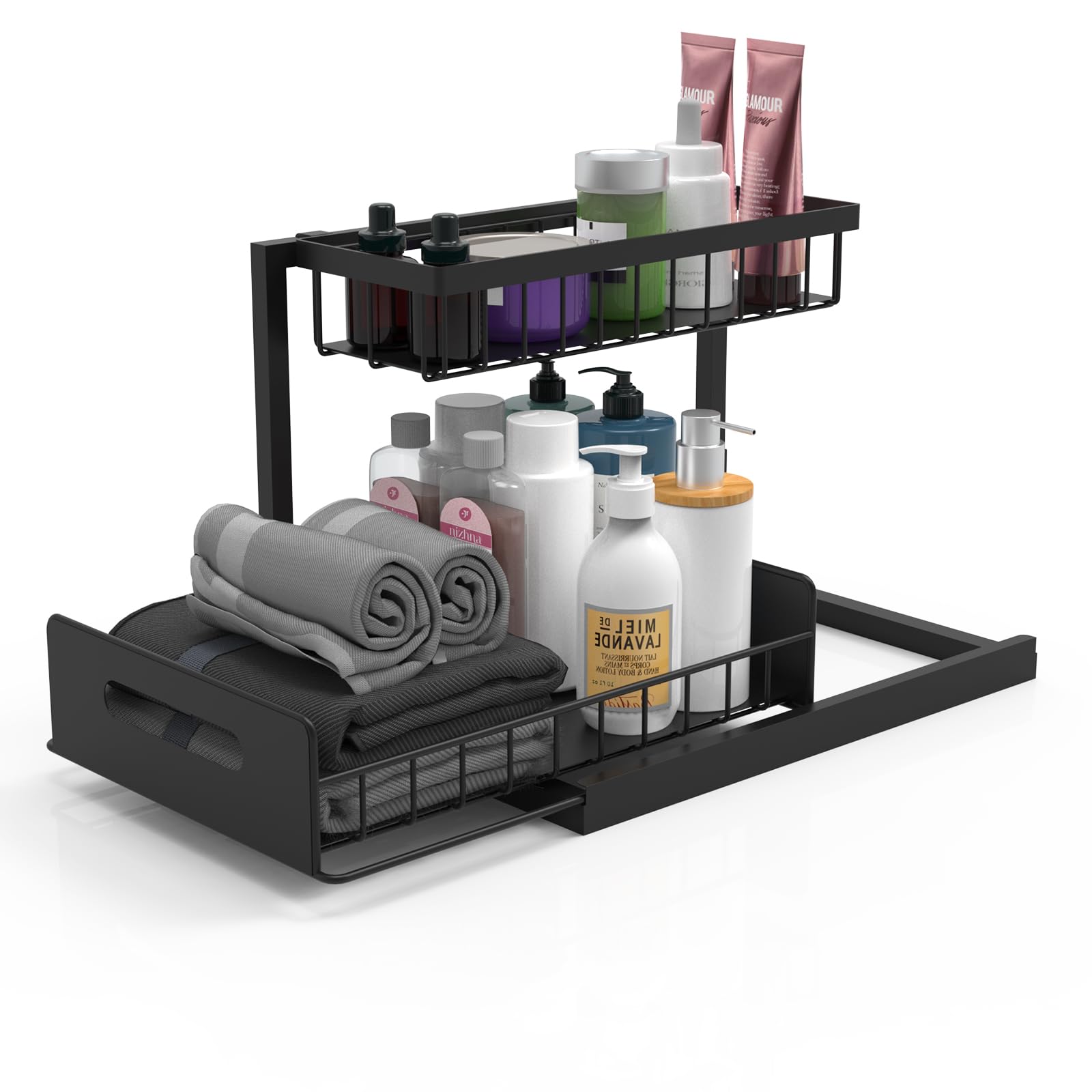Bukfen slide-out cabinet shelf under sink keeps bottles neatly organized.