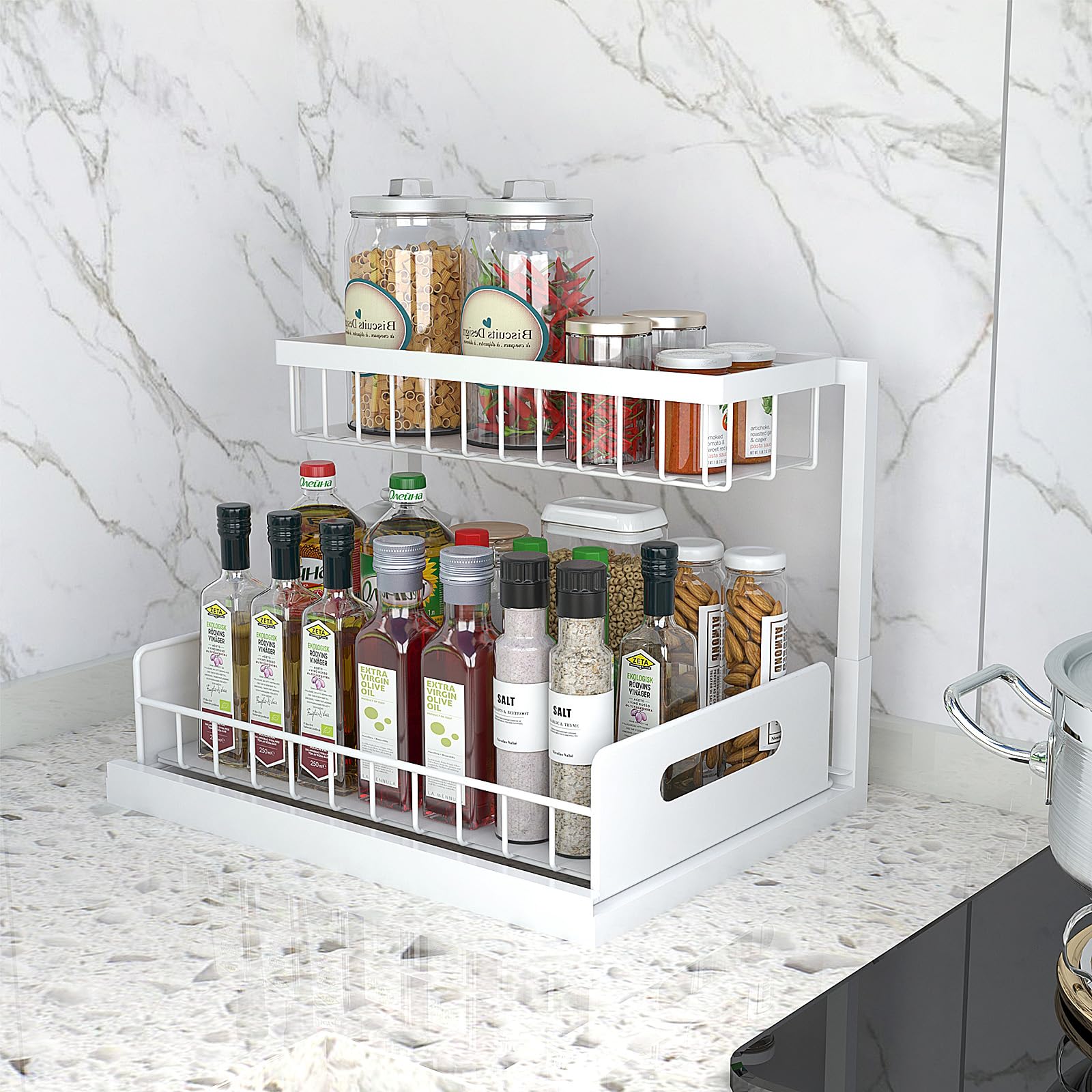 Bukfen white under-sink organizer with removable trays simplifies cleaning