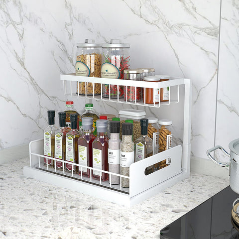 Bukfen white under-sink organizer with removable trays simplifies cleaning