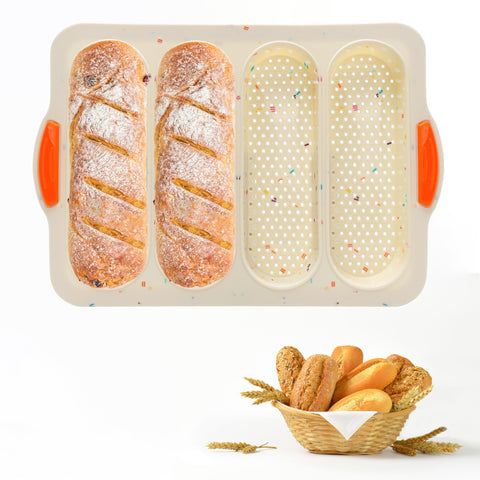 BuleVina 4-slot beige silicone bread pan for easy non-stick baguette baking.