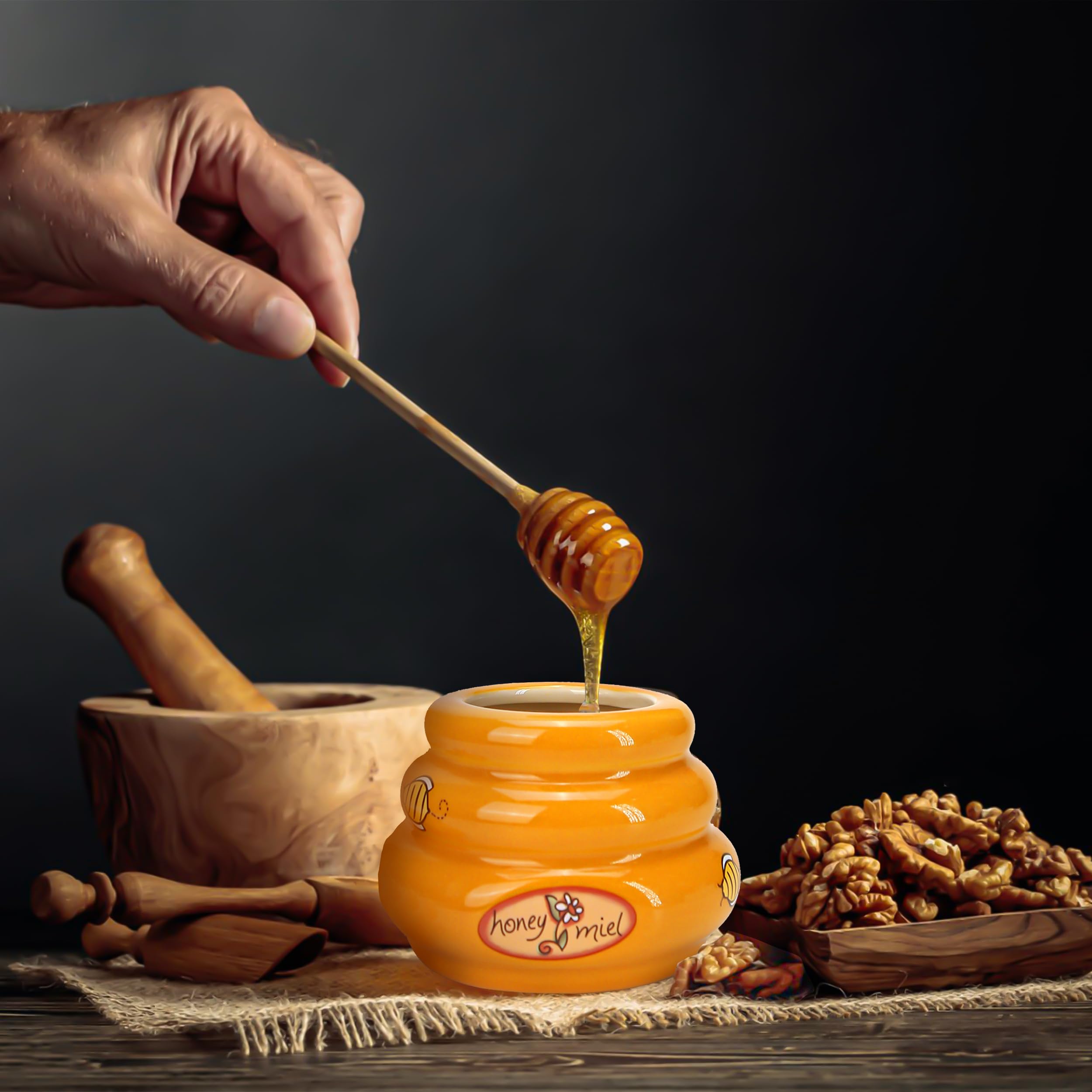 Bee-themed jar enhances farmhouse kitchen decor.