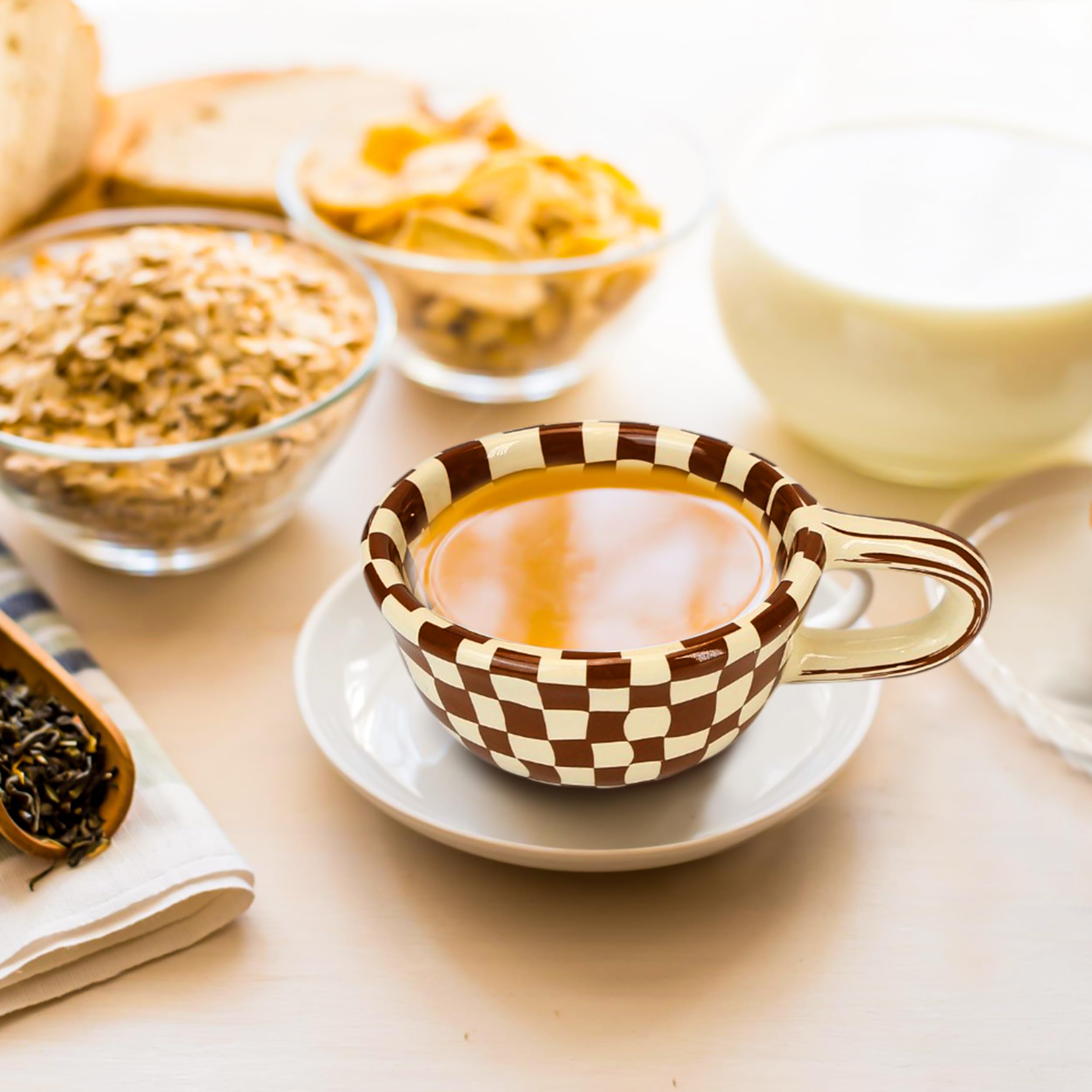 BuleVina checkered mug closeup, clear glaze shows durable ceramic surface.