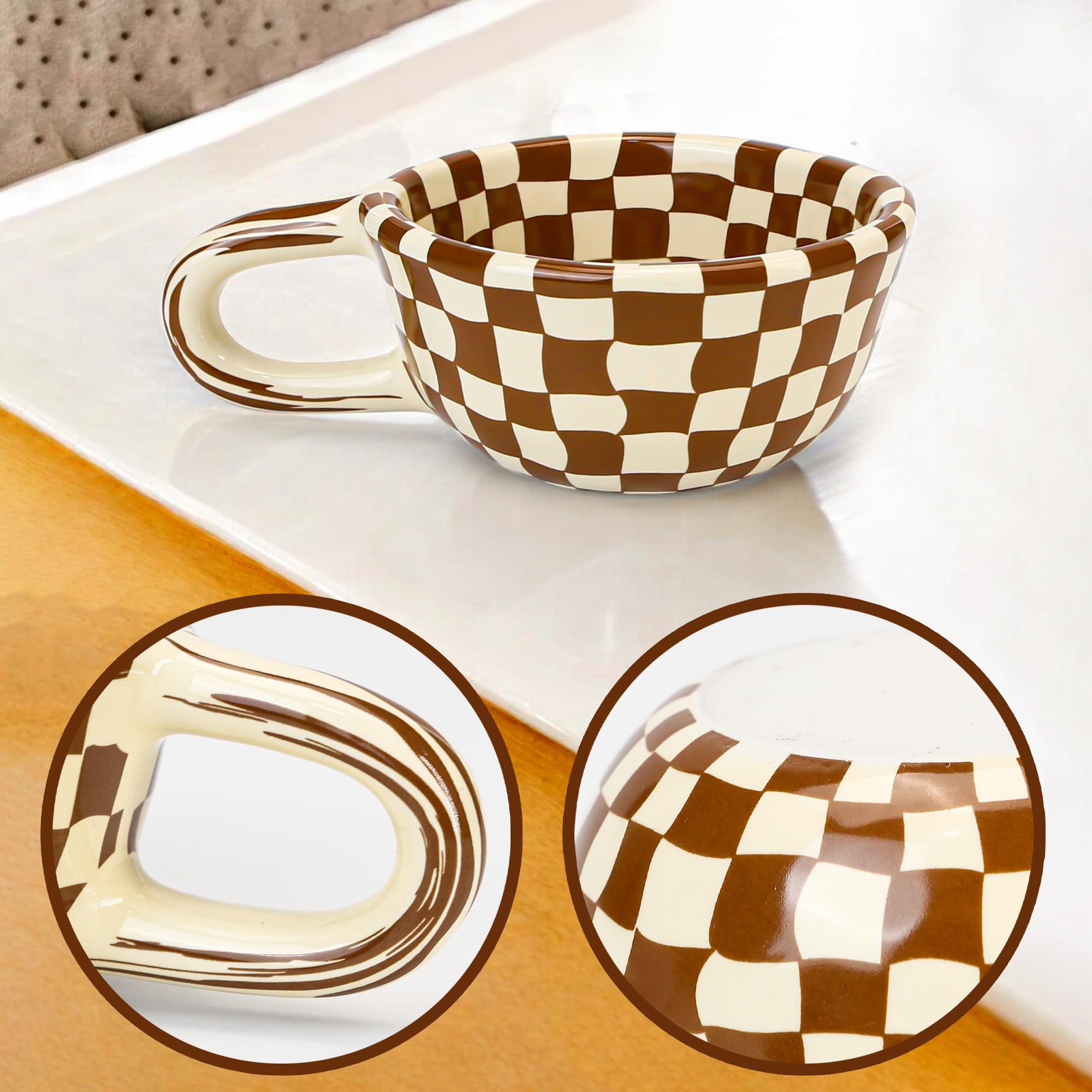 BuleVina checkered mug on office desk, compact size fits small spaces.