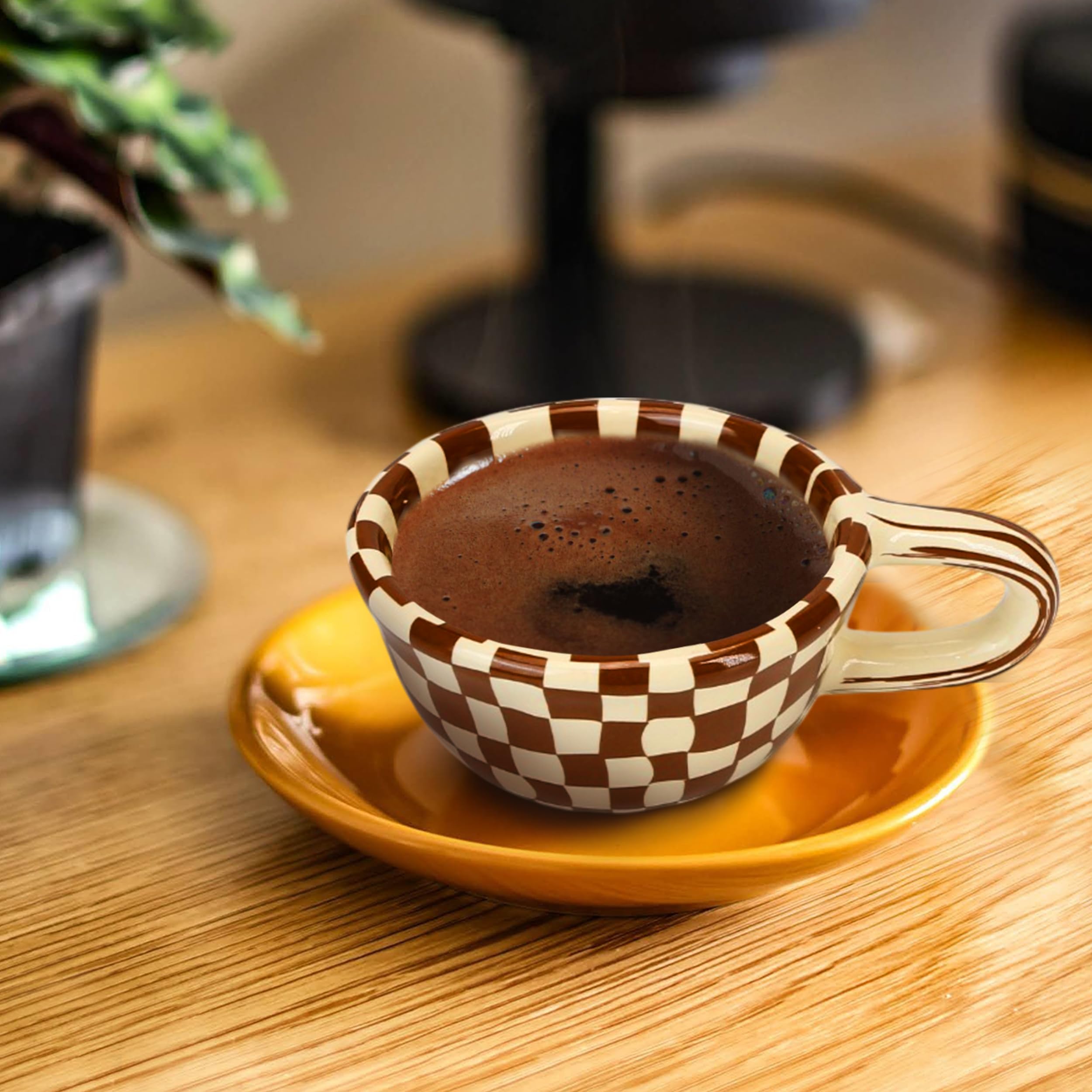 BuleVina checkered mug stacked display, ceramic quality for long-lasting use.