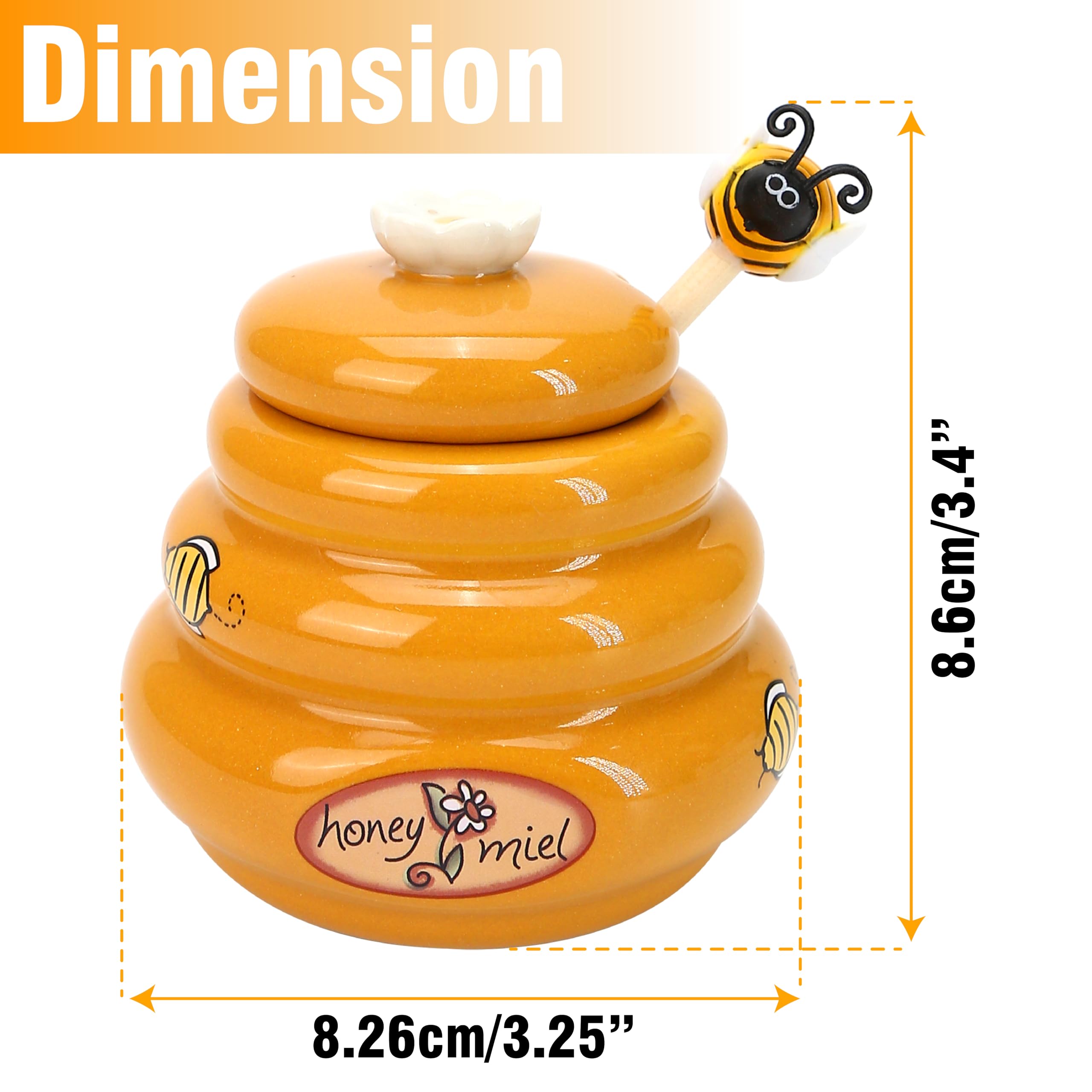Close-up of wooden honey dipper resting in the pot.