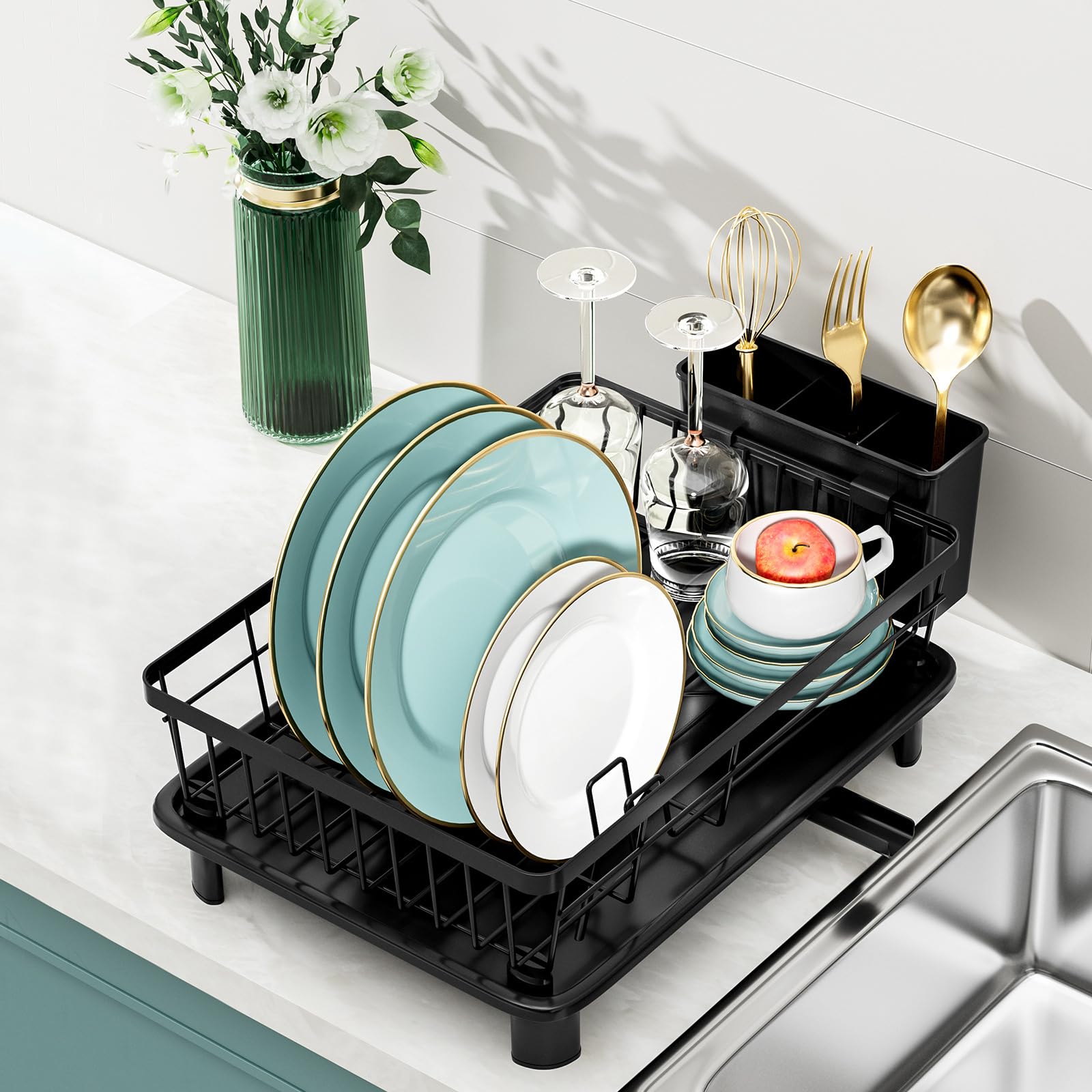 BULIJUJU black dish rack adds a sleek modern touch to any kitchen.
